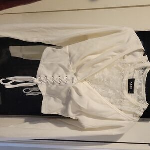 White Cropped Sweater W/ Lace Insert & Corset Lacing